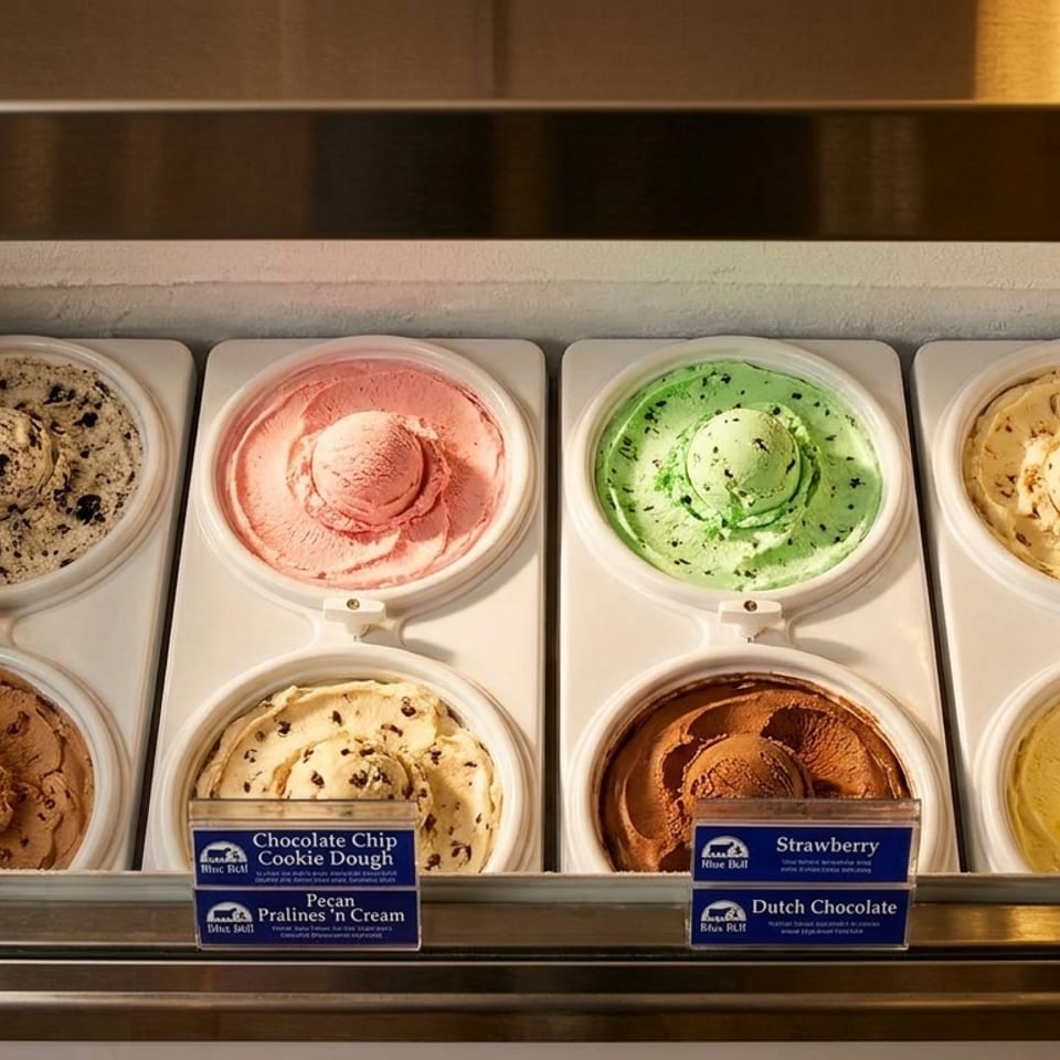 Colorful ice cream flavors with scoops in a refrigerated display case, with flavor labels.