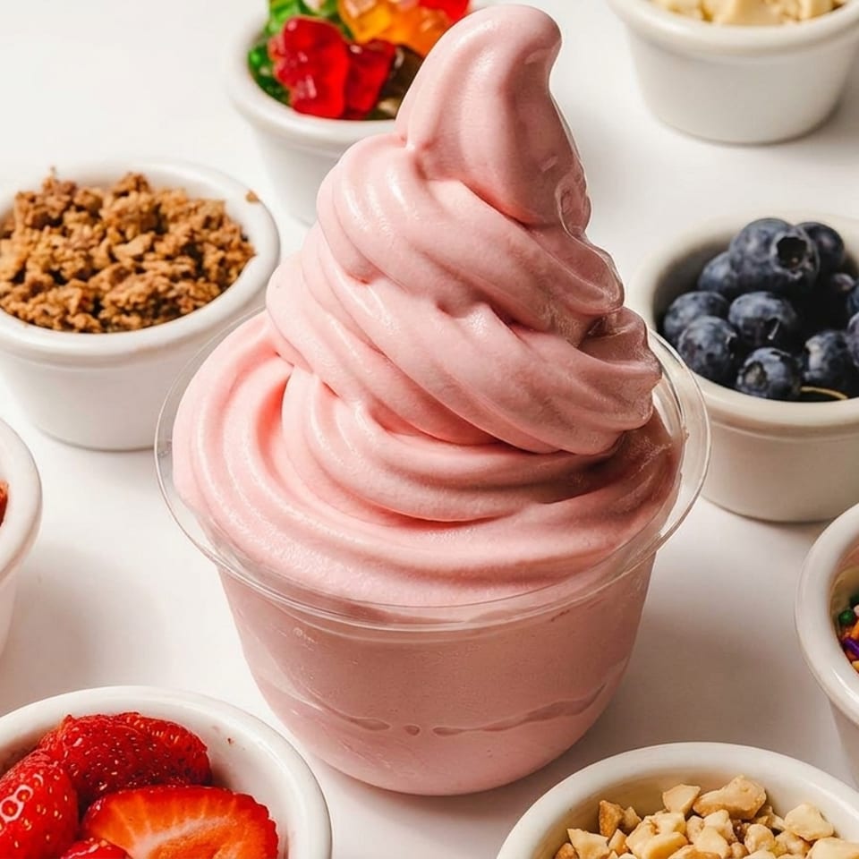 Pink swirled frozen yogurt in a cup surrounded by bowls of various toppings like fruit, candy, and nuts.