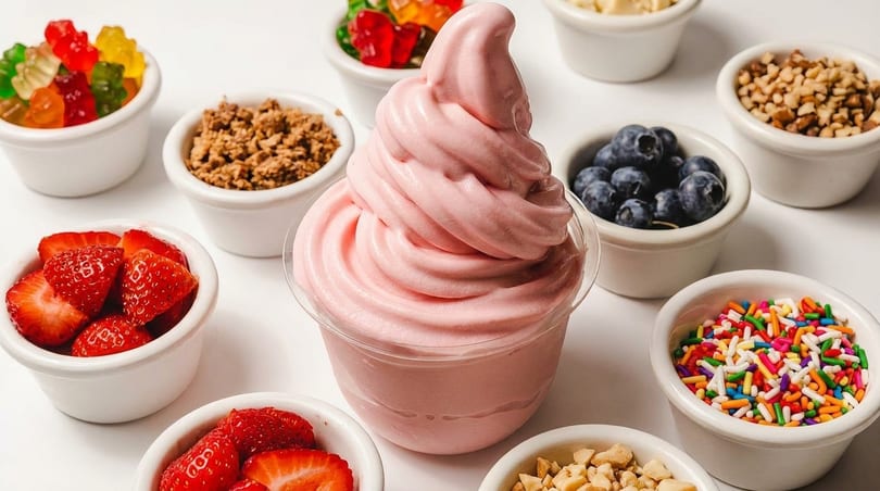 Pink swirled frozen yogurt in a cup surrounded by bowls of various toppings like fruit, candy, and nuts.
