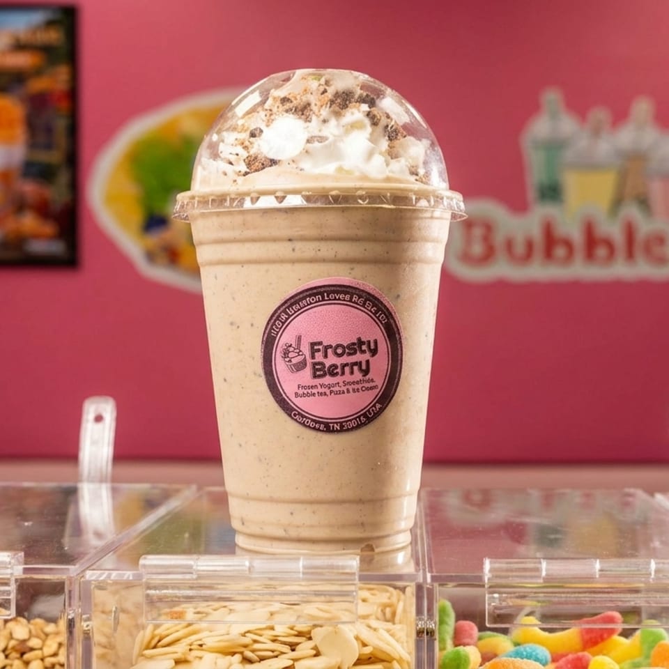 Frosty Berry drink with whipped cream and toppings on a counter with candy, against a pink "Bubble Tea" wall.