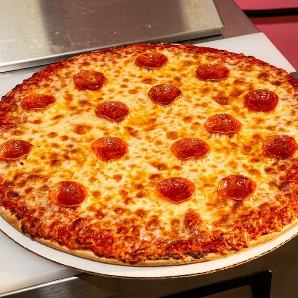 Whole pepperoni pizza with melted, bubbly cheese on a white counter.
