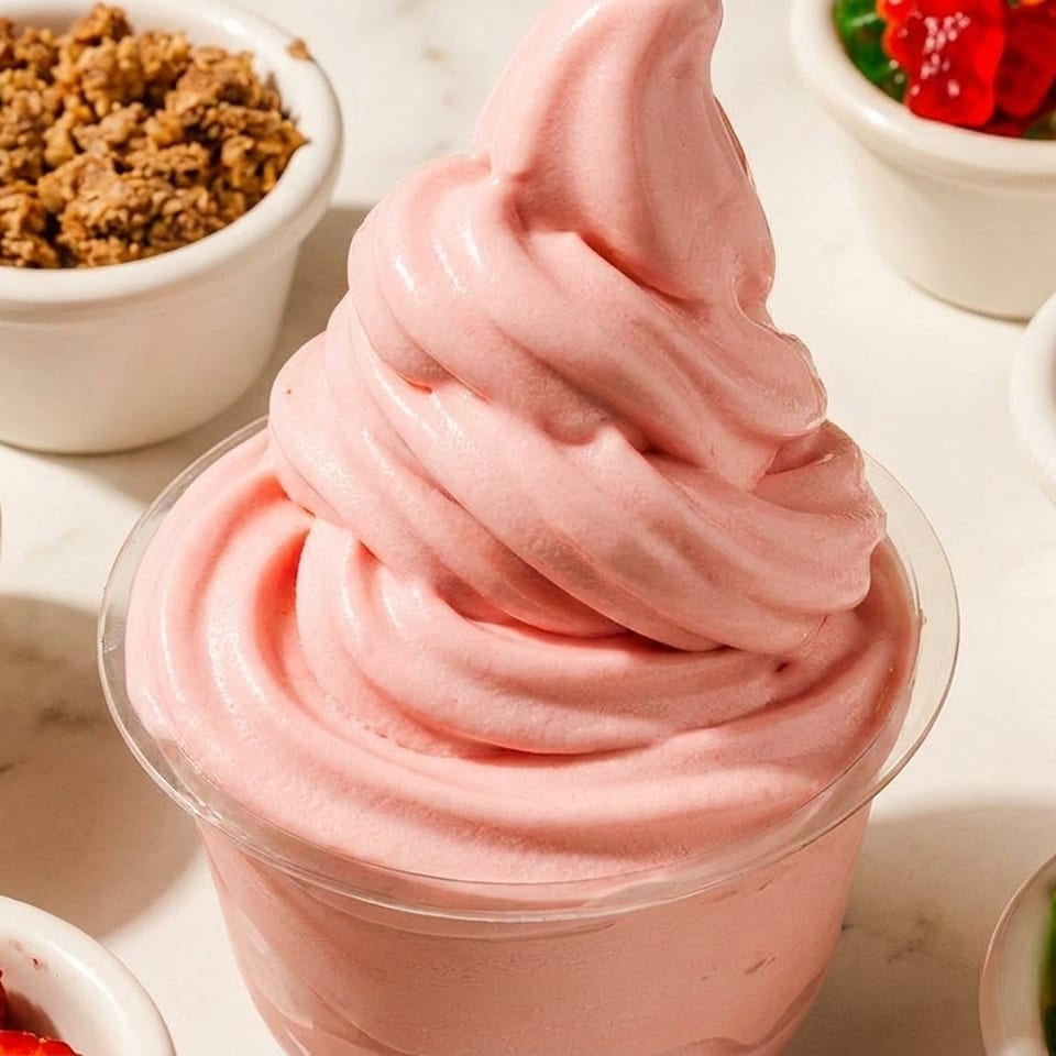Pink frozen yogurt in a cup surrounded by bowls of blueberries, strawberries, granola, gummy bears, and sprinkles.