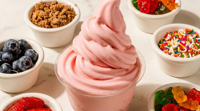 Pink frozen yogurt in a cup surrounded by bowls of blueberries, strawberries, granola, gummy bears, and sprinkles.