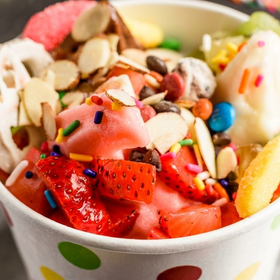 Colorful frozen dessert in a polka-dot cup with strawberries, sprinkles, almonds, and candies.